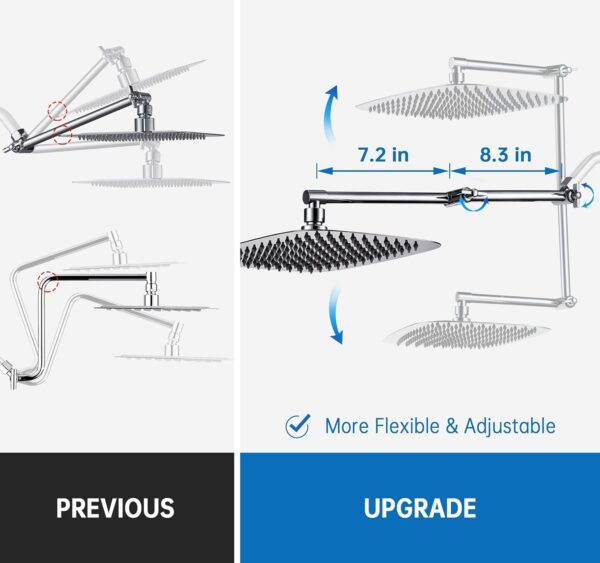 G-Promise All Metal 14 Inch Rain Shower Head with 16 Inch Adjustable Extension Arm | High Pressure Rainfall Showerhead | Luxury Modern Look Rectangular Large Waterfall Showerhead (Chrome)