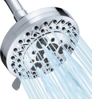 8 Spray Modes Shower Head, 5 Inch High Pressure Shower Heads with 62 Anti-Clogging Nozzles and Adjustable Brass Ball Joint, Chrome Finish, Replacement for Bathroom Showerhead