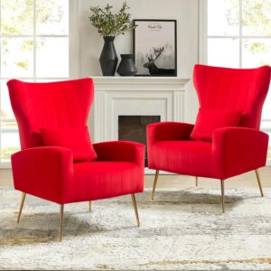 Velvet Accent Arm Chairs Set of 2, Modern Living Room Chair, Wingback Bedroom Side Chair with Gold Legs & Pillow, Channel Tufted, Red