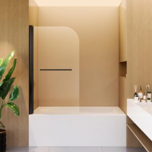 Shower Door 31" W x 55" H, Frameless Hinged Bathtub Shower Door, Bathtub Shower Screen Door, 1/4" (6mm) Tempered Glass Panel with Stainless Steel Handles (Matte Black)