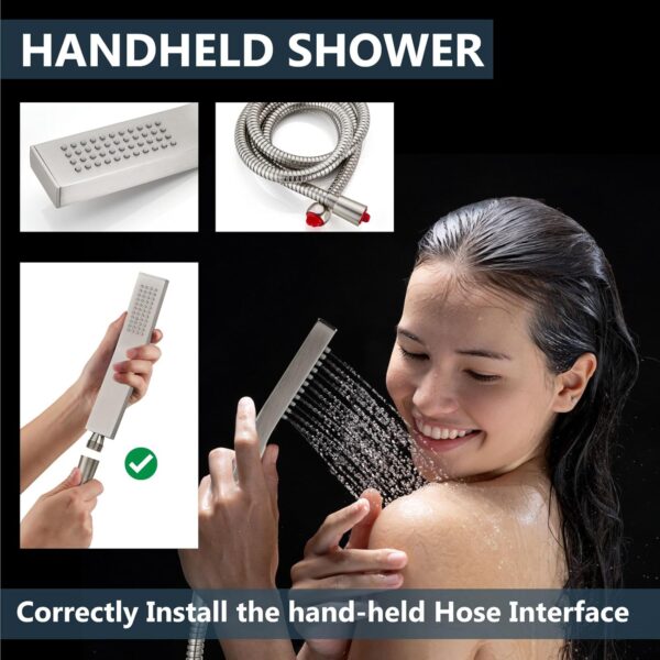 Aolemi Ceiling Mount Shower Faucet Set with Handheld Spray High Pressure Shower Faucets Sets Complete Rough-in Valve and Shower Trim Kit System Included Rainfall Brushed Nickel 16 Inch LED Shower Head