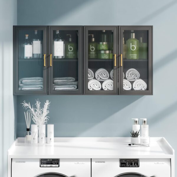 FIMELLO 24’’ Bathroom Wall Cabinet Set of 2 with LED, Laundry Room Cabinets Storage, Kitchen Cabinets with Adjustable Shelf Acrylic Glass Doors, Medicine Cabinets for Bathroom, Black Bathroom Cabinet