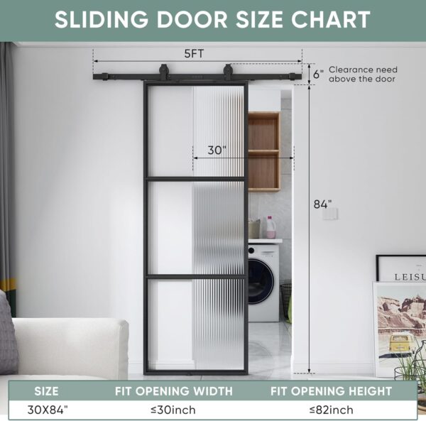 JUBEST Glass Barn Door 30in x 84in, Reeded Glass Carbon Steel Pre-Drilled Frame Sliding Barn Door Panel with 5FT Hardware Kit and Soft Close