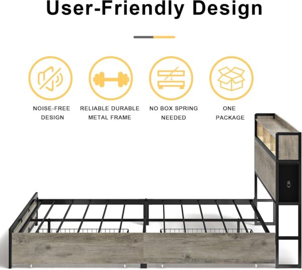 Queen Bed Frame with Bookcase Headboard and 2 Drawers LED Lights Metal Platform Non-Slip Without Noise Strong Metal Slats Support No Box Spring Needed (Greige, Queen)