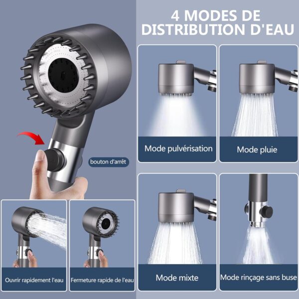 Ion Drops Shower Head with 60 Inch Hose and Shower Holder, High Pressure Shower Head with Water Filter, 4 Spray Mode Filtered Showerhead with On/Off Switch for Hard Water Grey