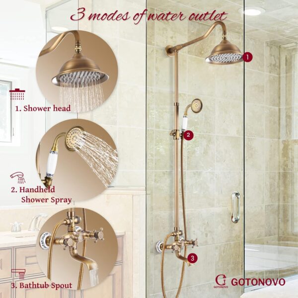 gotonovo Shower Fixture Faucet Set Complete Antique Brass Exposed Pipe Shower System 8 Rain Shower 2 Double Knobs Handle Triple Function Tub Spout Shower Combo Unit Set