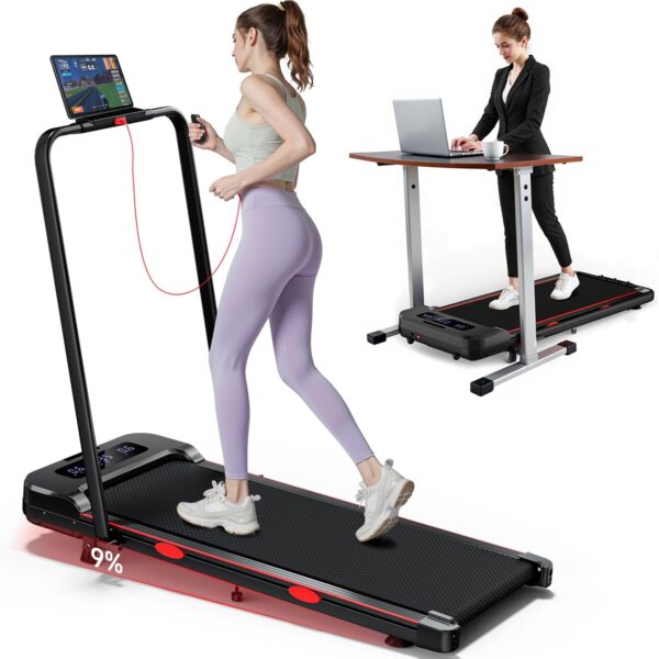 Walking Pad Treadmill with Incline & Handle-Bar, 2 in 1 Foldable Treadmills for Home & Office, 300lb Small Compact Under Desk Treadmill with App, Remote, LED Display, 2.5HP Running Pad