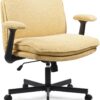 Criss Cross Legged Office Chair with Wheels and Flip-Up Arms, Upholstered Criss Cross Desk Chair, Wide Seat Chairs for Home Office, Vanity, Apartment, Yellow