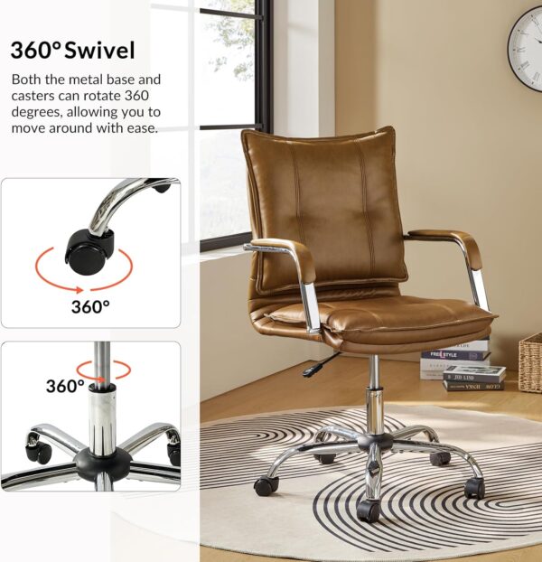HULALA HOME Faux Leather Home Office Desk Chair, Adjustable Swivel Computer Chair with Sliver Legs and Arms, Comfy Upholstered Task Chair(Camel)
