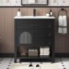 30 Inch Bathroom Vanity with Sink, Black Bathroom Vanity with Adjustable Feets, Modern Bathroom Sink Cabinet with Soft-Closing Glass Door & Drawers, Solid Wood Frame, Integral Sink