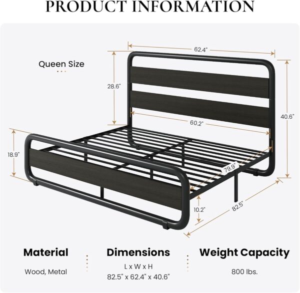 SHA CERLIN Queen Size Metal Bed Frame with Wooden Headboard and Footboard, Heavy Duty Oval-Shaped Platform Bed with Under-Bed Storage, Noise Free, No Box Spring Needed, Black