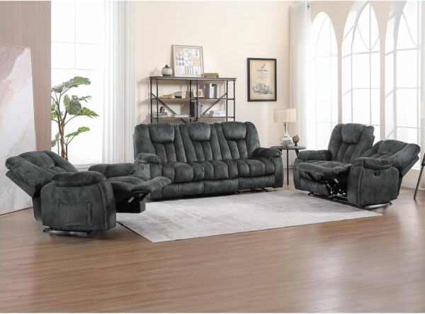 3 Pieces Recliner Sofa Furniture Set, Manual Recliner with Massage and Heat, Loveseat and Bonded 3 Seat Reclining Couch Set for Living Room, Green Grey