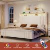 Queen Bed Frame with Tall Headboard & LED Light,Velvet Upholstered Bed Frame with Storage Headboard & Charging Station,Tufted Platform Bed Frame,No Box Spring Needed,Cream