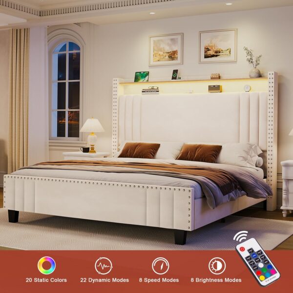Queen Bed Frame with Tall Headboard & LED Light,Velvet Upholstered Bed Frame with Storage Headboard & Charging Station,Tufted Platform Bed Frame,No Box Spring Needed,Cream