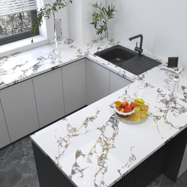 White Gold Marble Granite Contact Paper peel and stick kitchen for Countertops cabinets Wallpaper 32x591inch largen Waterproof Self adhesive Sticker Vinyl Wrapping Paper TV Wall Counter Top Backsplash