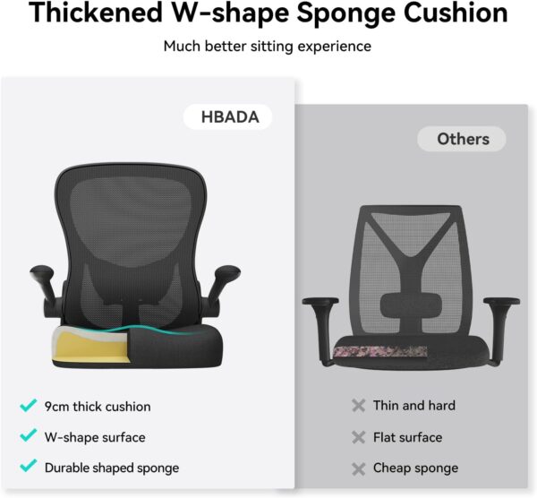 Hbada Office Chair Ergonomic Desk Chair, Office Chairs with PU Silent Wheels, Breathable Mesh Computer Chair with Adjustable Lumbar Support, Flip-up Armrests, Tilt Function, Black