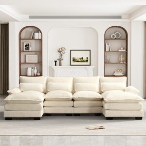 U Shape Sectional Sofa Cloud Couch for Living Room, 110" Modern Chenille Comfy Modular Sofa, 4 Seat Upholstery Sofa Sleeper with Double Chaise & Memory Foam, Beige