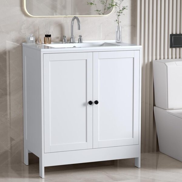 VINGLI Bathroom Vanity with Ceramic Sink, 30 Inch White Bathroom Sink Cabinet Combo, Restroom Basin Cabinet with 2 Doors,Modern Lavatory Laundry Room Freestanding Organizer w/4-Tier-Hidden Storage