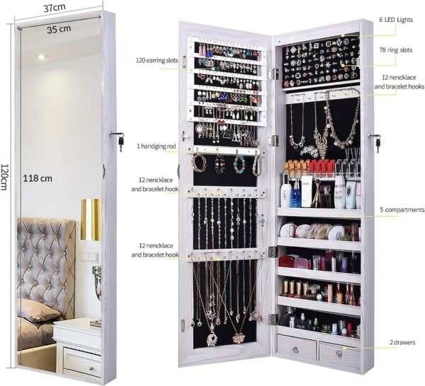 47" H Jewelry Armoire Full Length Mirror Cabinet Storage Organizer w/LED Light Wall-Mounted/Door-Hanging Lockable for Bedroom Makeups White