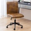 Furniliving Leather Office Chair with Wheels Armless Vanity Desk Chair 360° Swivel Computer Rolling Chair with Mid Back, Height Adjustable Accent Chairs with Gold Metal Base Stool, PU YellowBrown