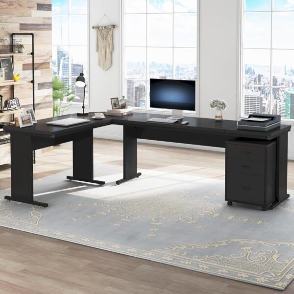 Tribesigns 83" L-Shaped Executive Desk, Large Office Desk with 3-Drawer Mobile File Cabinet, Industrial Computer Desk with Storage Drawers, Business Furniture Table Workstation for Home Office (Black)