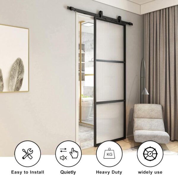 JUBEST Glass Barn Door 30in x 84in, Reeded Glass Carbon Steel Pre-Drilled Frame Sliding Barn Door Panel with 5FT Hardware Kit and Soft Close