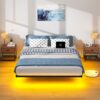 Floating Bed Frame Queen with LED Lights and Charging Station - 8 inch Platform Bed Frame No Box Spring Needed, Easy Assembly