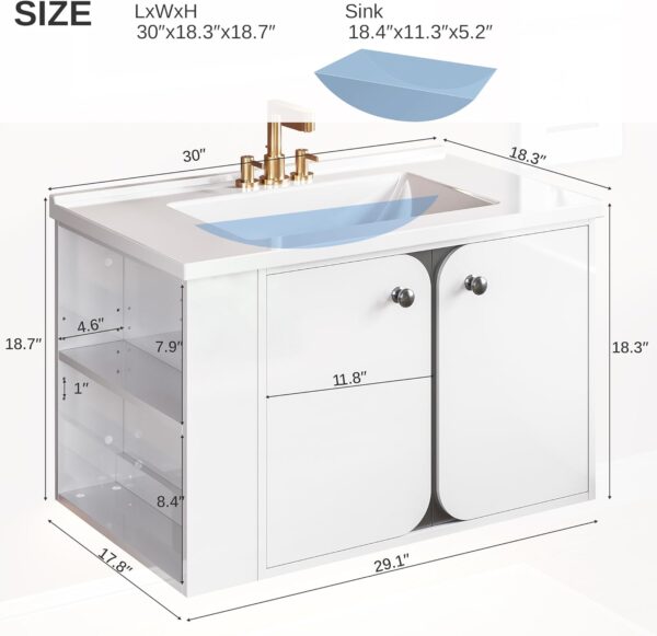 IRONCK 30" Bathroom Vanity with Sink, Floating Bathroom Sink Cabinet with LED Light & Extra Shelves, High Gloss Modern Clearance Bathroom Vanities, White