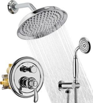 Chrome Vintage Shower-Faucet Sets, Antique Brass Shower System, Wall Mounted, 9" Rain Head and Handheld Spray, 2 Way Diverter Rough in Valve with Trim Kit