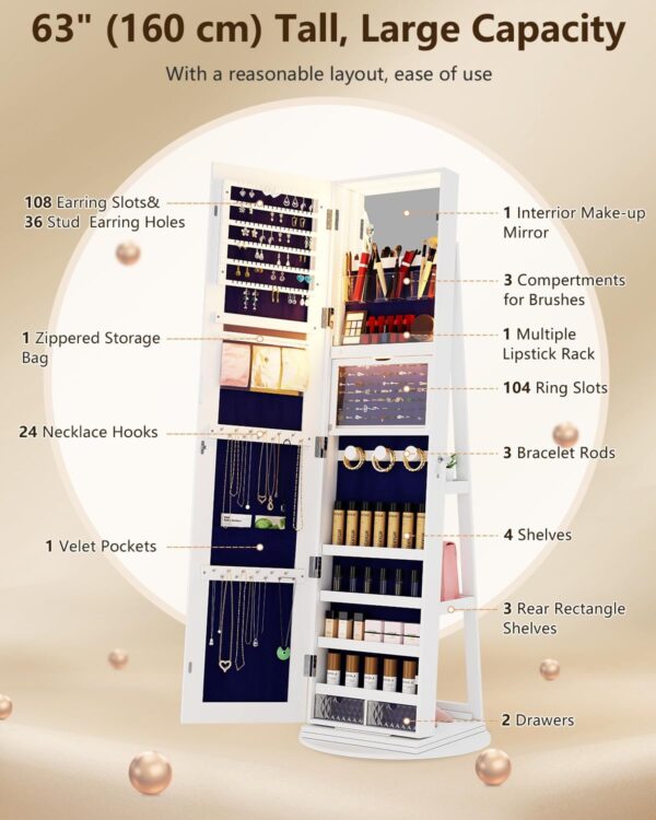 360° Rotating Jewelry Cabinet with LED Lights, 63" H Full Length Mirror with Jewelry Storage, Standing Jewelry Armoire with Door Mirror, Jewelry Organizers for Christmas Gift (White)