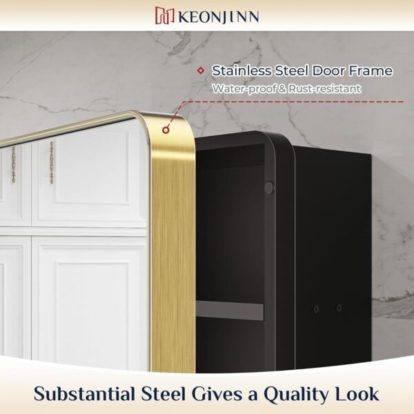Keonjinn 60 x 32 Inch Large Brushed Brass Medicine Cabinets, Recessed Bathroom Medicine Cabinet, Dim Gold Stainless Steel Framed, Sturdy & Heavy, Adjustable Shelves, DTC Hinges, Soft Closing, Modern
