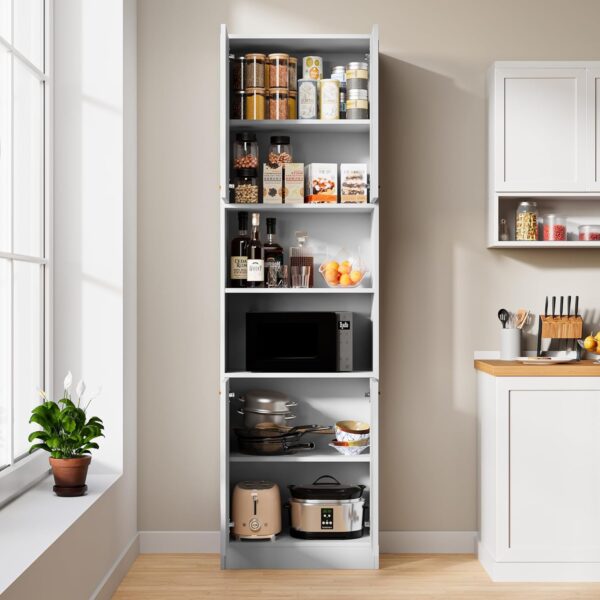 Cozy Castle Kitchen Pantry Cabinet, 75" Tall Wood Storage Cabinet with Doors and Shelves, 4 Doors Open Countertop Utility Hutch Cupboard for Dining Room Living Room Bathroom Furniture, White