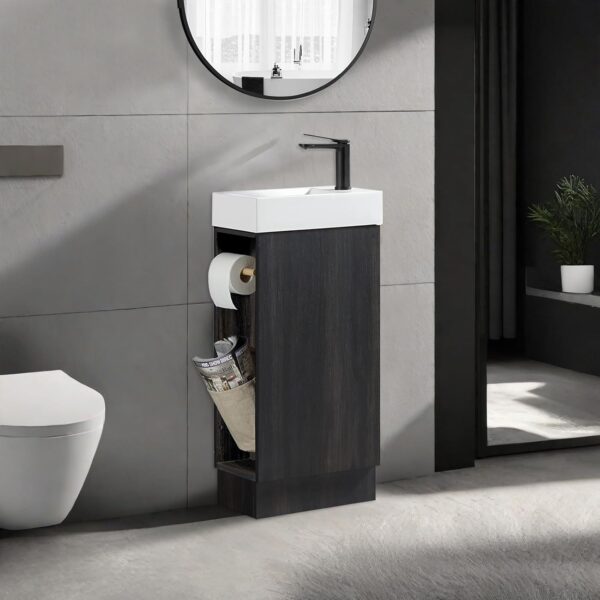 16“ Bathroom Vanity Sink Combo for Small Space, Modern Floor Standing Small Bathroom Vanity with Sink, Bathroom Cabinet Set with 2 Toilet Paper Holders, Black Wallnut