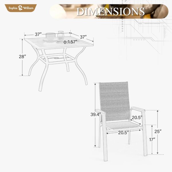 Sophia & William Patio Dining Set 5 Pieces, 4 Stackable Aluminum Textilene Dining Chairs with 37"x 37" Square Dining Table, Patio Table Chair Set for Outdoor Garden Lawn (Blue)