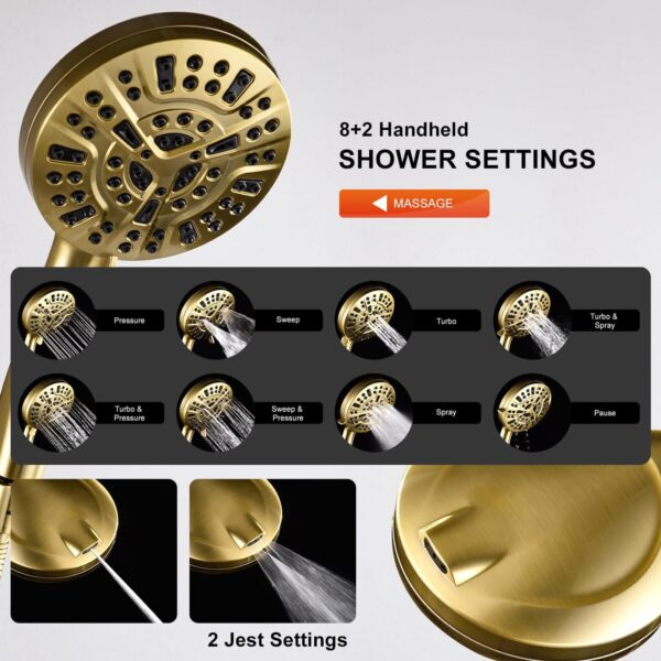 Tub Shower Faucet Combo, Brushed Gold Shower System 10 Patterns Handheld Shower Head with Tub Spout, Shower Trim Kit with Shower Head & Brass Valve