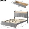 Upholstered Bed Frame with Storage Headboard and Charging Station, Platform Bed Frame with Drawers, Heavy Duty, No Box Spring Needed, Easy Assembly, Grey, Queen Size