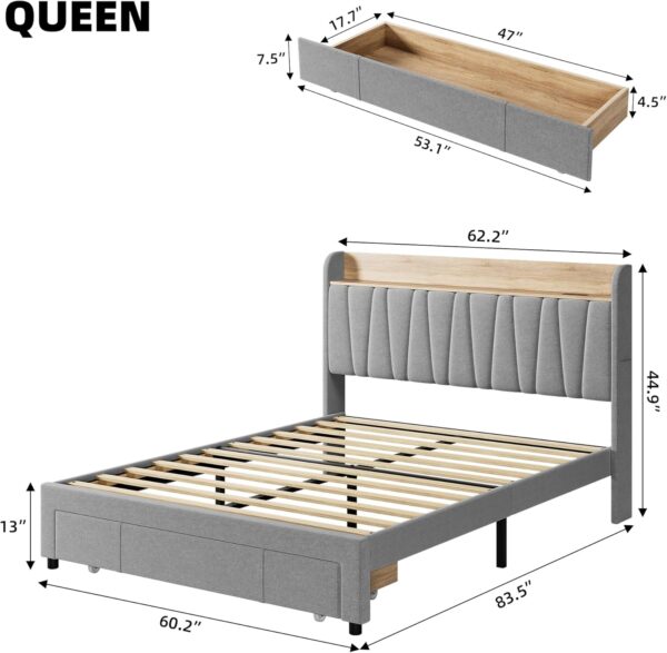 Upholstered Bed Frame with Storage Headboard and Charging Station, Platform Bed Frame with Drawers, Heavy Duty, No Box Spring Needed, Easy Assembly, Grey, Queen Size