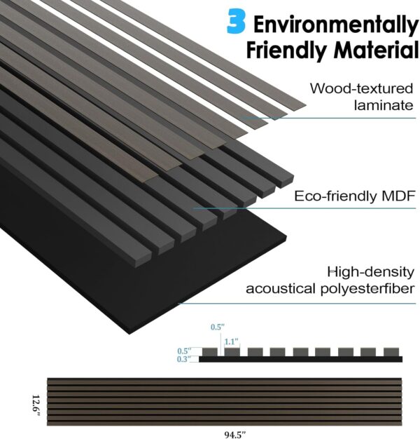Wood Slat Panels for Wall and Ceiling 3D Wall Panels Wood Grain Acoustic Panels for Home Decor and Noise Reduction (Black oak/2pcs)