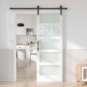 Fredbeck 32in x 84in White Glass Barn Door with 5.5FT 66inch Sliding Door Hardware Kit Included & Handle,PVC Surface,Need to Assembly,Water-Proof,Fit 29in-31in Opening