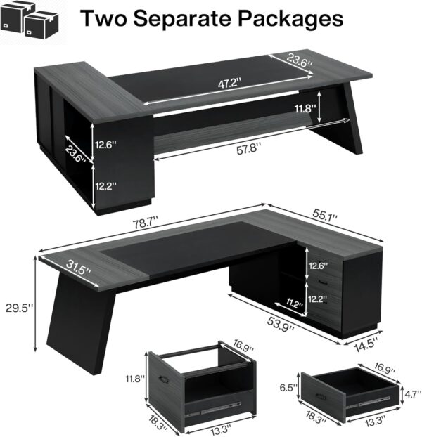 Tribesigns L-Shaped Executive Desk, 78" Modern Office Desk with Drawers and Lateral File Cabinet, Large Computer Table with Storage Shelves, Workstation for Home Office (Grey + Black)