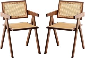 Rattan Accent Chairs, Modern Mid Century Dining Chairs Set of 2, Comfy Armchairs, Outdoor Rattan Chairs with Armrest for Bedroom Living Room Reading Room Dining Kitchen, Brown