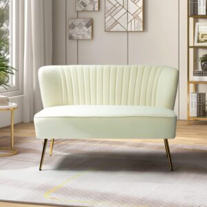 TINA'S HOME Contemporary Velvet Loveseat Sofa, Upholstered Loveseat Couch with Golden Metal Legs, Small Tufted 2-Seat Sofa Armless Love Seat for Living Room, Bedroom, Apartment Small Spaces, Ivory