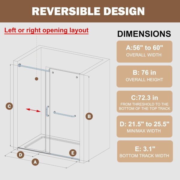 Shower Doors,56-60" W x 76" H Frameless Sliding Shower Door,5/16"(8mm) Clear SGCC Tempered Glass with Double-Sided Nano Coating,Bypass Shower Doors for Walk in Shower,Stainless Steel Hardware Gold