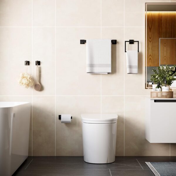 5-Piece Matte Black Bathroom Accessories Set, SUS304 Stainless Steel Wall Mounted 16 Inch Hand Towel Bar, Toilet Paper Holder, Towel Ring, Towel Hooks, Bathroom Hardware Set, Towel Bar Set