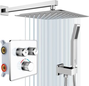 SR SUN RISE 100℉ Thermostatic Shower System,12" Luxury Rainfall Shower Head and High-Pressure Handheld Bathroom Shower Faucet Set,Shower Valve and Trim Kit Included (Polished Chrome)