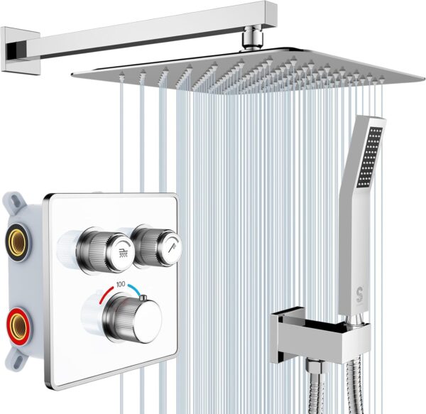SR SUN RISE 100℉ Thermostatic Shower System,12" Luxury Rainfall Shower Head and High-Pressure Handheld Bathroom Shower Faucet Set,Shower Valve and Trim Kit Included (Polished Chrome)