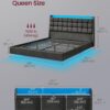 VASAGLE Queen Size Floating Bed Frame with LED Lights, Queen Bed Frame with Charging Station, Tufted Storage Headboard, Upholstered Platform Bed Frame, No Box Spring Needed, Dark Gray URMB851G71