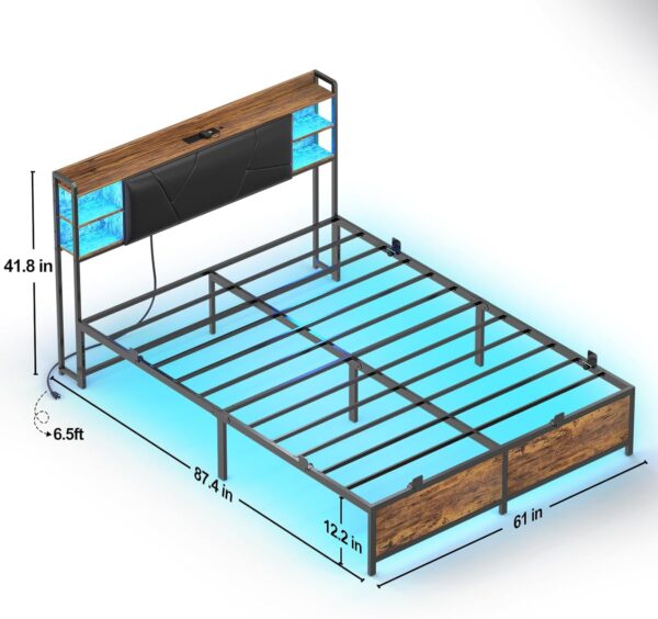 Unikito Cool Queen Size Bed Frame with RGB LED Lights and Power Outlets, Sturdy Platform Bed with Storage Upholstered Headboard, Strong Metal Slats, No Box Spring Needed, Easy Assembly, Vintage