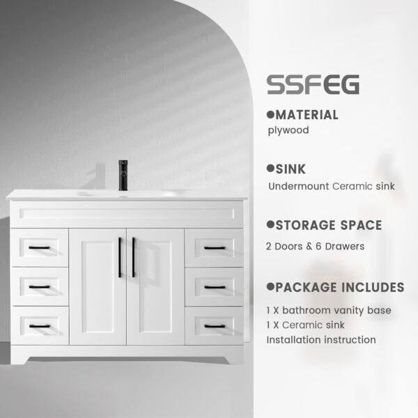 48’’ Bathroom Vanity with Sink,Undermount Ceramic Sink-Modern Bathroom Cabinet with 6 Soft-Close Drawers & 2 Doors Spacious Storage Cabinet,White