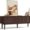 LINSY HOME Fluted TV Stand for 75" TV, Mid-Century Modern 70" Entertainment Center with Sliding Tambour Door and Storage Cabinet, Cruved TV Media Console Table for Living Room, Bedroom, Walnut